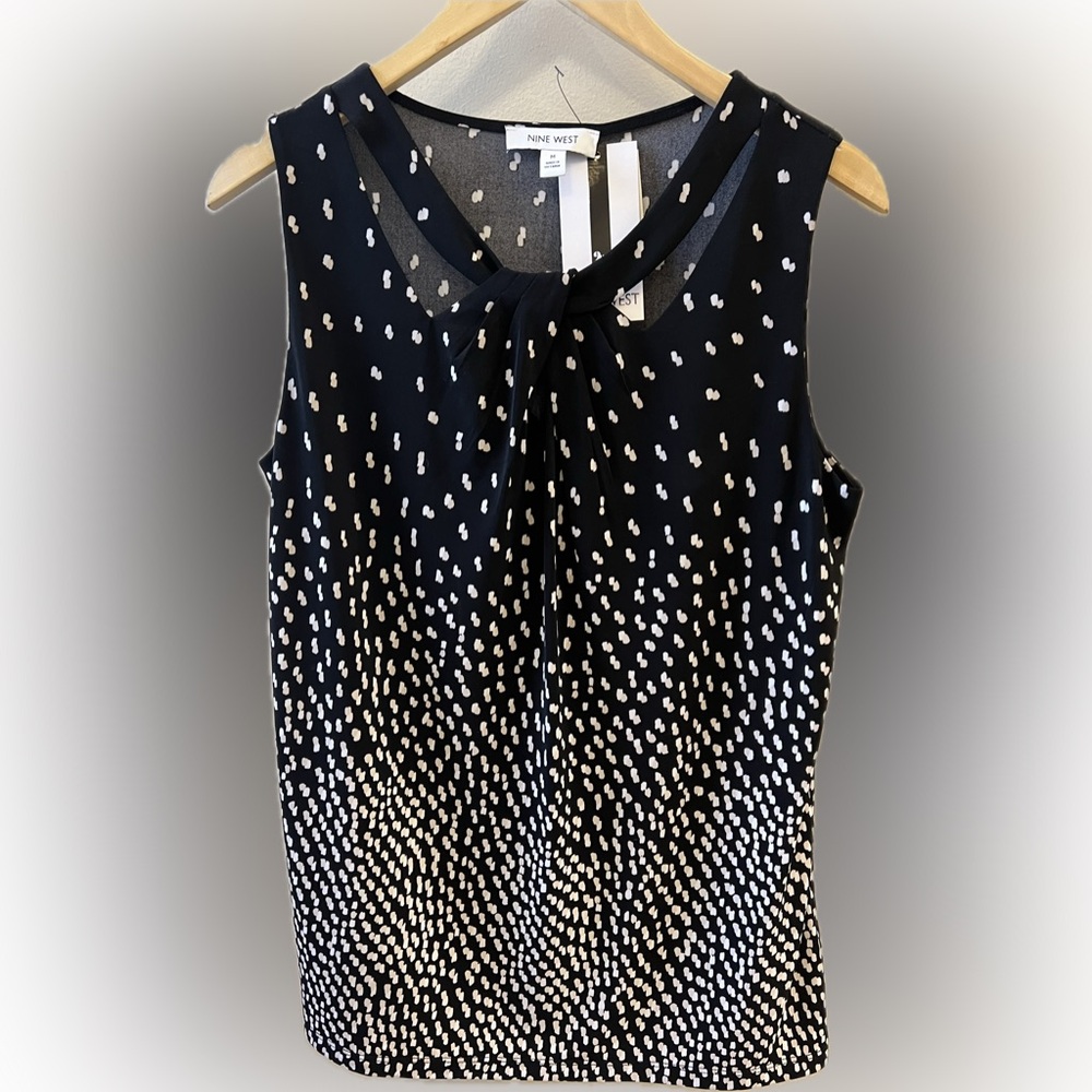 NINE WEST blouse sleeveless black tan print crossover neckline NWT size M